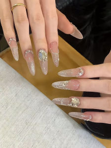 Summer Brin Elegant Diamond in the Debris Flash Cat Eye Fairy Long Handmade Finished Product Removable Fake Nails Wear Manicure