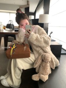 Elegant Cloud Mist Stone Fox Fur Coat Womens Casual Winter Outerwear Thickened Asymmetric V-neck Commute Style Long Sleeve