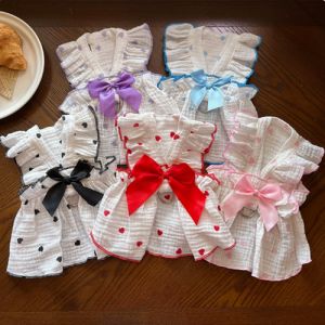 HATELI Summer Dog Princess Dress Bow Heart Thin Cool Puppy Cats Clothing Cotton Cute Printed Costume for Small Dogs Chihuahua Teddy Shih Tzu Pomeranian