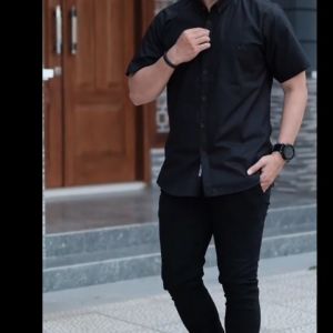 Baju Kemeja Polos Lengan Pendek Pria Bahan KatunTebel Warna Sage Gren Hitam Putih Coksu Abu