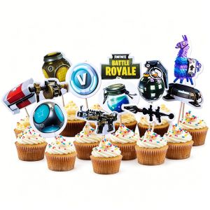 24Pcs Fortnite Cake Toppers Set for Kids Birthday Party Cupcake Decorations Baby Shower Shooting Game Theme Cake Supplies