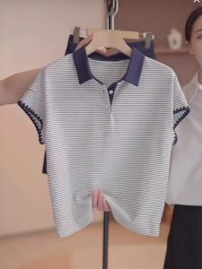 Pure Cotton Polo Shirt Striped Short Sleeve T-Shirt Summer Loose plus Size Womens Fashionable Top Breathable Sweat Absorbent