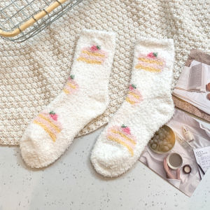 Winter Warm Coral Fleece Plush Home Socks French Fries Burger Pattern Girls Mid-Calf Thickened Soft Cotton Slipper Socks
