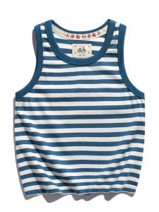 เสื้อยืดแขนกุดลายทางคอตตอนสีน้ำเงินขาวสไตล์ย้อนยุคสำหรับเด็ก ฤดูร้อน 2022 เสื้อผ้าเด็กผ้าฝ้ายแท้ คอกลม แขนกุด