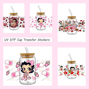 Sweet Pink Angel Girl UV DTF Transfer Decal for 16oz Glass Cup Vintage Themed Cartoon Waterproof DIY Tumbler Sticker Gift Decor
