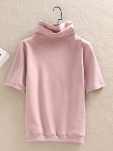 Spring and Autumn Korean Style Half Sleeve Large Size Bottoming T-shirt Womens High Neck Pure Cotton Brushed Short and Simple Solid Color Top Shirt