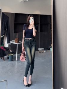 เอวสูงย้อนยุค พรางหุ่น ไฮสตรีท สไตล์เกาหลี เก้าชิ้น กางเกงยีนส์สกินนี่ ผ้าฝ้ายแฟชั่นสตรียืด เดนิม กางเกงยีนส์