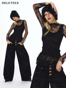 Deleteex Elegant Retro Lace Knitted Patchwork High Collar Slim Fit Top Polyester Spandex Blend Fashionable Streetwear