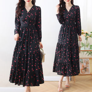 Impression Fashion Women's Elegant Retro Print V-neck Long Sleeve High Waist A-line Long Dress