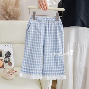 Autumn Check Plaid Lace Trim Girls Trousers