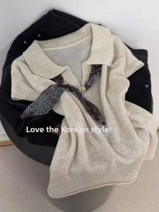 Polo Collar Short Sleeve Sweater Women Loose Fitting