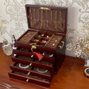 กล่องเก็บเครื่องประดับชั้นวางของแบบหลายชั้นทำจากไม้แท้ กล่องใส่แหวน สร้อยคอ ต่างหู ต่างหู กล่องใส่เครื่องประดับสำหรับงานแต่งงาน
