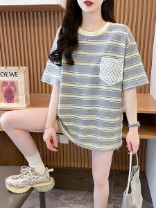 Áo Thun Cotton Tay Ngắn Mùa Hè Cho Nữ Dáng Rộng Dài Vừa Phải Kẻ Sọc Thiết Kế Đa Năng Thoải Mái Thoáng Khí