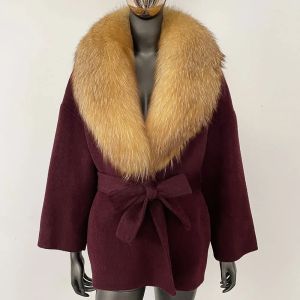 Woolen Jacket Elegant Wool Coat Women Loose Real Raccoon Fox Fur Coat 2026 Belt Pocket Winter Blends Outerwear Casual Spring