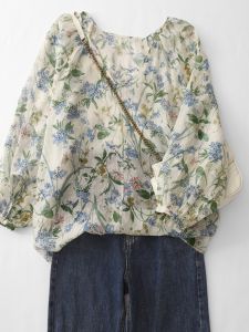 Export Export Daily Order Foreign Order Ramie Top Female 2024 Early Autumn Print Long Sleeves Loose Easiest for Match Sense of Design Shirt