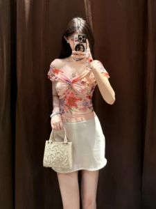 CHANGTONG | Unique Beautiful Floral Slim Fit T-Shirt Womens Summer Fashion Top Shoulder Baring Print Short Sleeve Casual Commute Date Wear