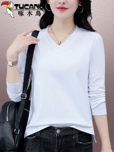 White V-Neck Long Sleeve Womens T-Shirt Cotton Base Shirt Spring Autumn plus Size Belly Covering Fashionable Commute Style