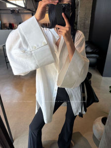 plus Size Early Autumn New Style White Cotton Linen Wide Sleeve Slimming Long Sleeve Versatile Mid-Length Shirt Top