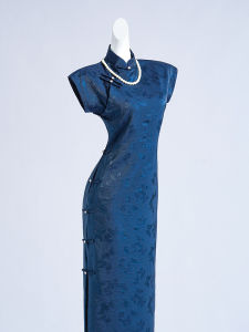 Retro Blue Qipao Full Front Opening