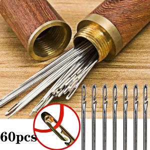 60pcs Side Hole Blind Sewing Needles Elderly Stainless Steel Quick Automatic Self-Threading Needle Stitching Pins DIY Punch Needle Threader with Barrel