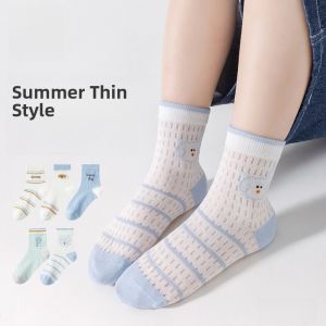 Miiow | Boys Summer Thin Breathable Sports Socks No-Cuff Cotton Polyester Blend Anti-Odor Cartoon Print Mid-Calf Catman Socks