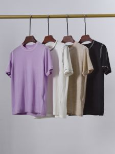 เสื้อยืดคอกลมแขนสั้นถักนิตติ้งคอตตอนผสมขนสัตว์สำหรับผู้หญิง เสื้อผ้าทำงานลำลองฤดูร้อน ทรงหลวม สีพื้น แฟชั่น