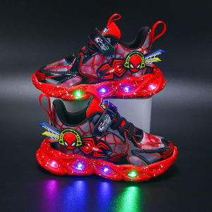 Spiderman Kids Running Shoes with Light-Up Buttons Anti-Slip Lightweight EVA Sole Low Cut Slip-On Sports Shoes for Boys