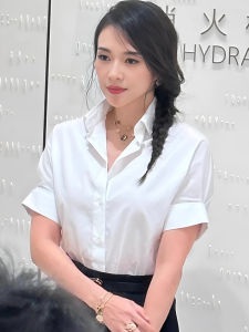 White Shirt Womens Spring Summer Slim Fit French Style Short Sleeve Anti Wrinkle Iron Free Composite Fabric Square Collar