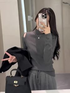 Fashionable Knitted Sweater with Rhinestones Hollow out Double Shoulder Half High Collar Womens Top for Autumn Season