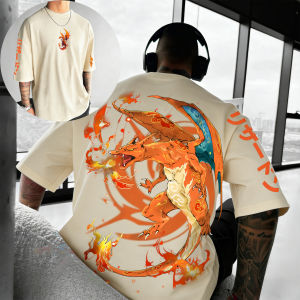 Bandai | New Pokemon Cotton T Shirt with Charizard Back Print Red Flame Effects Japanese Sleeve Text Loose Fit Men Women Casual Top