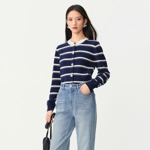 Koradior | Spring New Classic Versatile for Work Striped Round-Neck Womens Cardigan