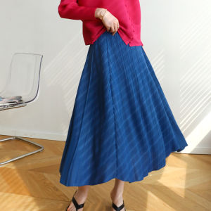Miyake Pleated Korean Style High Waist Wide Plain Color Long Holographic Midi Skirt with Inner lining 8130