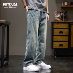 Retro Washed Distressed Denim Jeans Mens Loose Drape Wide Leg Pants Autumn 2025 New Cone Straight Cut Jeans Mens Fashion