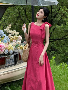 Itawina | Summer Elegant Sleeveless Strap Dress Womens New Style Long Dress Cotton Polyester Blend Waist Cinched Pure Color Gown
