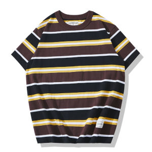 Summer Loose American Casual 260g Heavyweight Retro Pure Cotton Short Sleeve Ameika Jie Motorcycle Wide Stripe T-Shirt