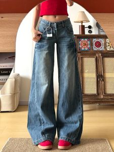 Quần Jeans Ống Rộng Cạp Lows American Washed Retro for Women Summer New Style Quần Jeans Denim Ống Rộng Thường Ngày