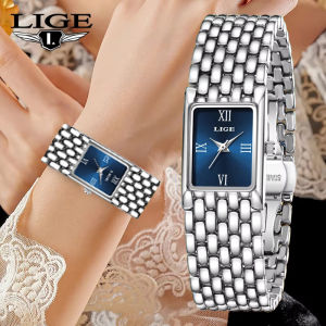 LIGE Fashion Women Square Watches Stainless Steel Strap Luxury Ladies Waterproof Quartz Watches For Women + Box