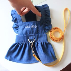 Pet Dog Clothes Spring Summer Dress Jeans Style with Leash Buckle Ring Teddy Dogs Clothing Casual Couple Outfits