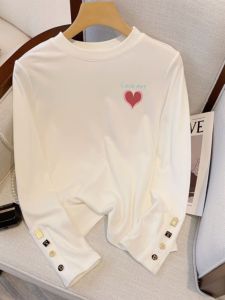 American Style Pure Cotton Long Sleeve Womens T-shirt Spring Autumn Inner Wear Base Shirt Design Sensation Small Crowd Shoulder Love Print Top