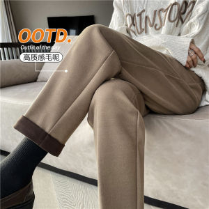 Womens Fleece Lined Trousers Autumn Winter High Waist Harlan Pants Loose Thick Casual Long Trousers Wide Leg Suit Pants