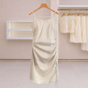 Ruffled Slim Design Drawstring Hem Strap Dress