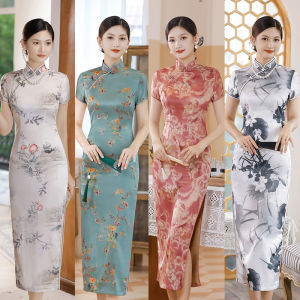 สไตล์เรโทร ยาว พรางหุ่น ชุดกี่เพ้า เดรส แขนสั้นดูหนุ่มสไตล์จีนผู้หญิงไซส์ใหญ่เกือบจะเหมาะสําหรับการสวมใส่ในชีวิตประจําวัน