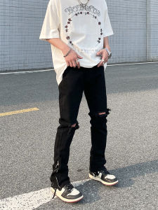 American High Street Vibe Black Zipper Mens Jeans Trendy Straight Leg Long Pants Casual Wear mid High Waist No Stretch