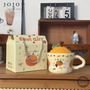 Cute Cat Ceramic Cup with Lid Orange Design JOJOs L. PD.Pan 330ml Animal Patterned Mug Perfect Gift for Coffee Lovers