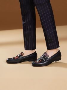 British Style Black Pana Leather Stitching Import Accessible Luxury Fabric Print Sheepskin Velvet Men Casual Penny Loafers