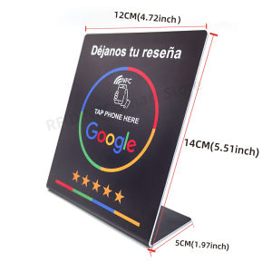 NFC 215 13.56Mhz programmable Google Review Card NFC station table NFC Google Reviews display card standing Déjanos tu reseña