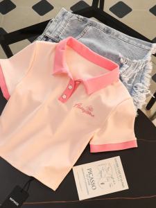 Pink Polo Neck Sweet Niche Shoulder Short Sleeve T-Shirt Women Summer New Slim Fit Top Ins Thin Effect Korean Style Cotton Tee