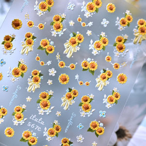 1Pcs 5D Embossed Sunflower Nail Stickers White Yellow Daisy Floral Nails Decals for Women Summer Vacation Daily Manicure Sliders