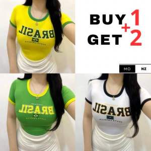 BUY 1 GET 2 (3PCS) Brasil Tshirt Semi Cropped Top For Women Cotton Spandex Womenswear Round Neck