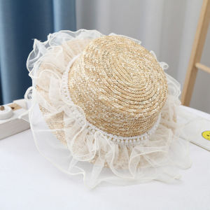 Cute Childrens Straw Hat Pearl Lace Flat Top Large Brim Sun Hat Stylish Outfit Baby Girls Fashionable Fishing Cap